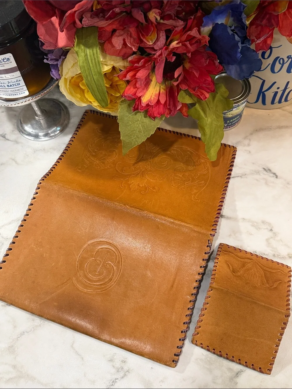 Hand-Tooled Brown Leather Clutch and Card Case Set from Tallin Estonia